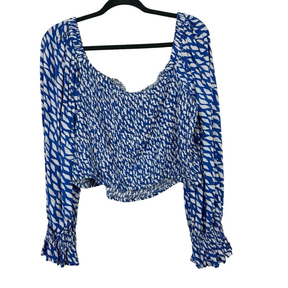 ELOQUII Smocked Crop Top Plus Size 22/24 Long Sleeve 3X Blue & White 100% Rayon - Picture 2 of 10